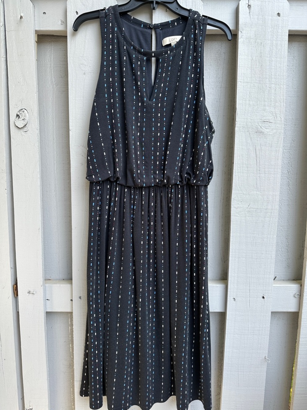 LOFT Black Sleeveless Midi Dress with Subtle Blue and White Stripe Dots